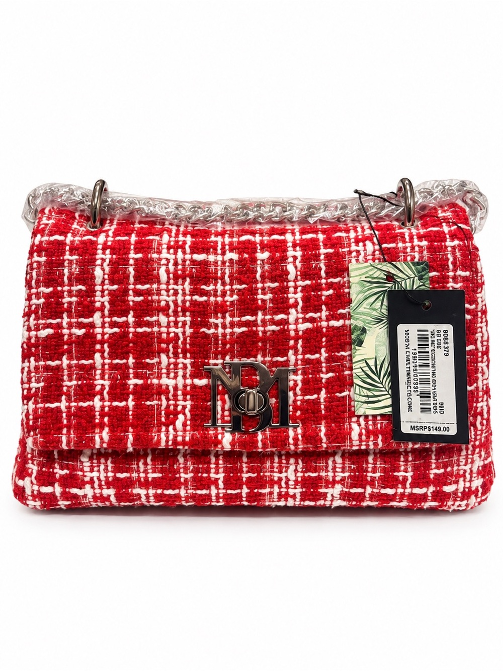 Badgley Mischka Red White Tweed Chain Crossbody Shoulder Bag NWT